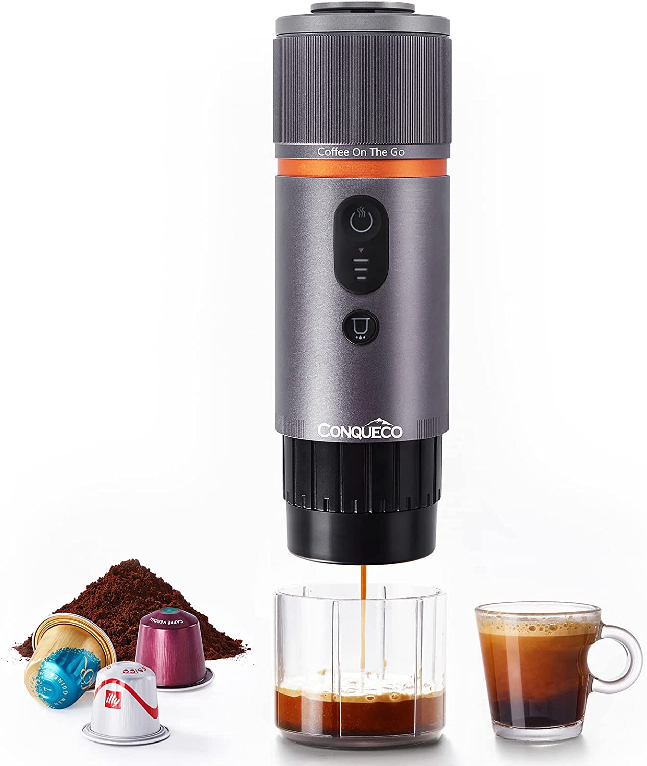 CONQUECO Machine à Cafe Portable - Cafetière à Expresso Chauffage Électrique de Voyage - pour 12V Voiture et le Camping - Compatible avec les Capsules Nespresso et les Capsules Starbucks